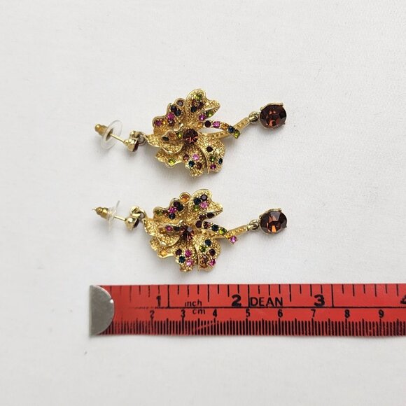 VTG Gold-Tone Floral Dangle Drop Earrings Multicolor Rhinestones Fall Fashion - Picture 9 of 10